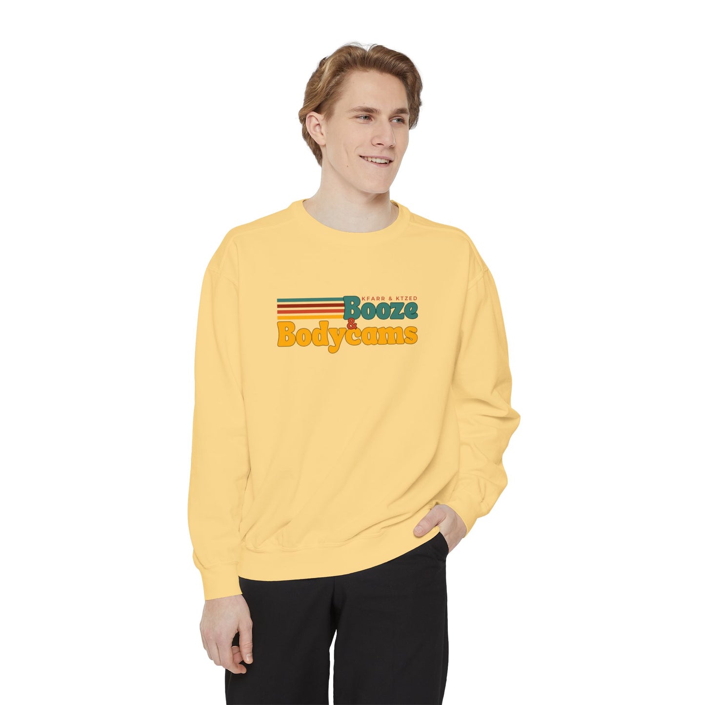 Retro 'Booze & Bodycams' Sweatshirt - Vintage Striped Graphic Crewneck