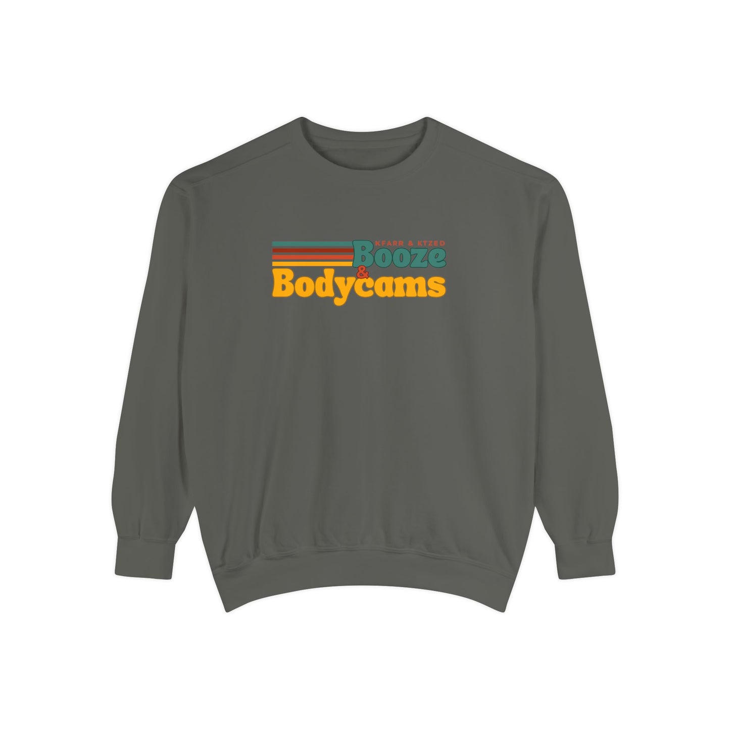 Retro 'Booze & Bodycams' Sweatshirt - Vintage Striped Graphic Crewneck