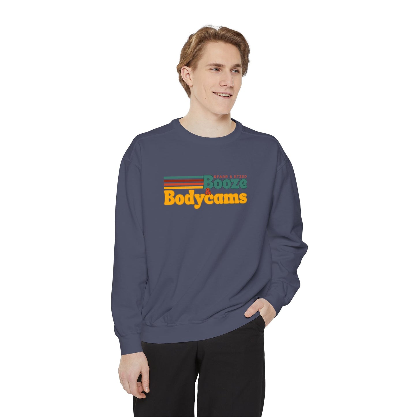 Retro 'Booze & Bodycams' Sweatshirt - Vintage Striped Graphic Crewneck
