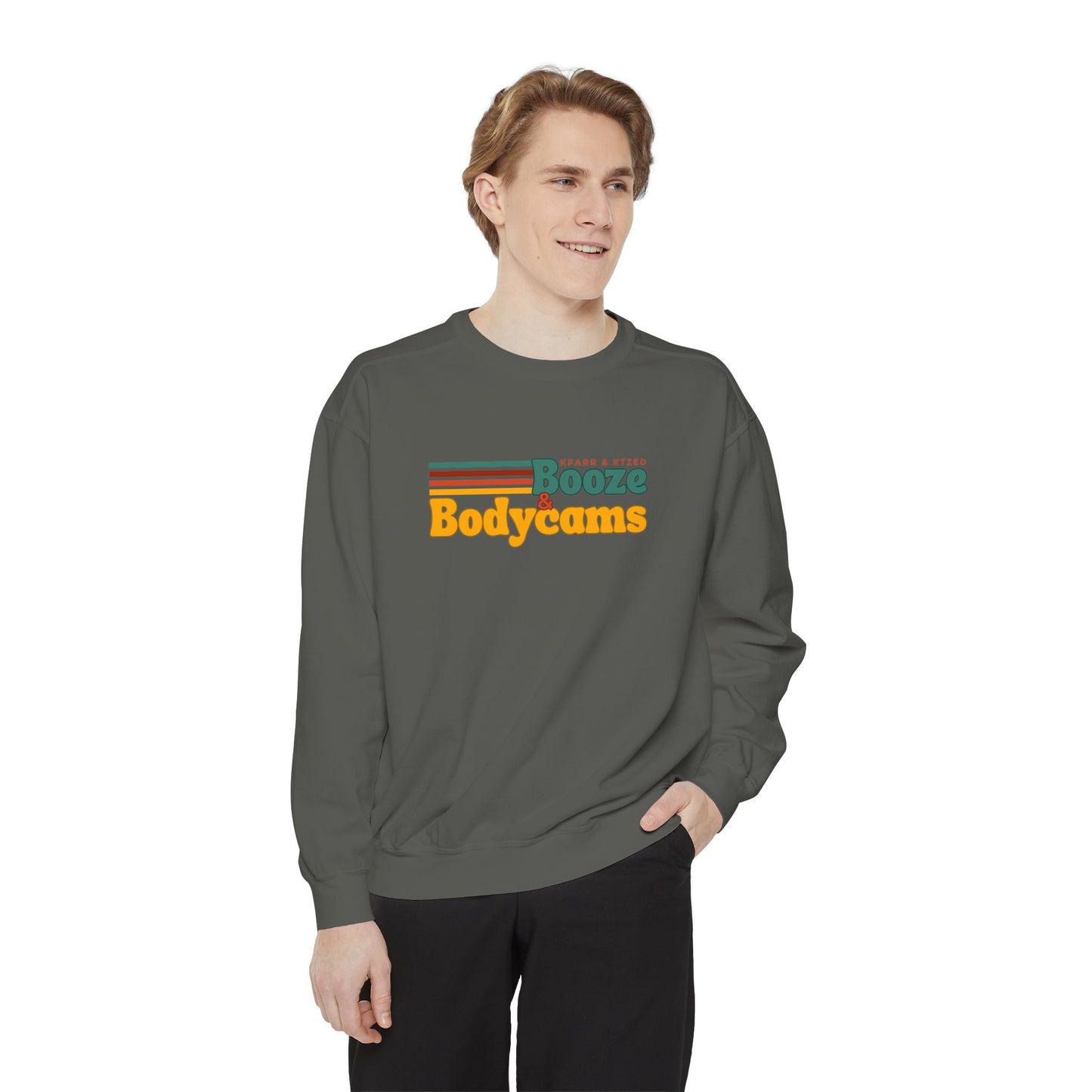 Retro 'Booze & Bodycams' Sweatshirt - Vintage Striped Graphic Crewneck
