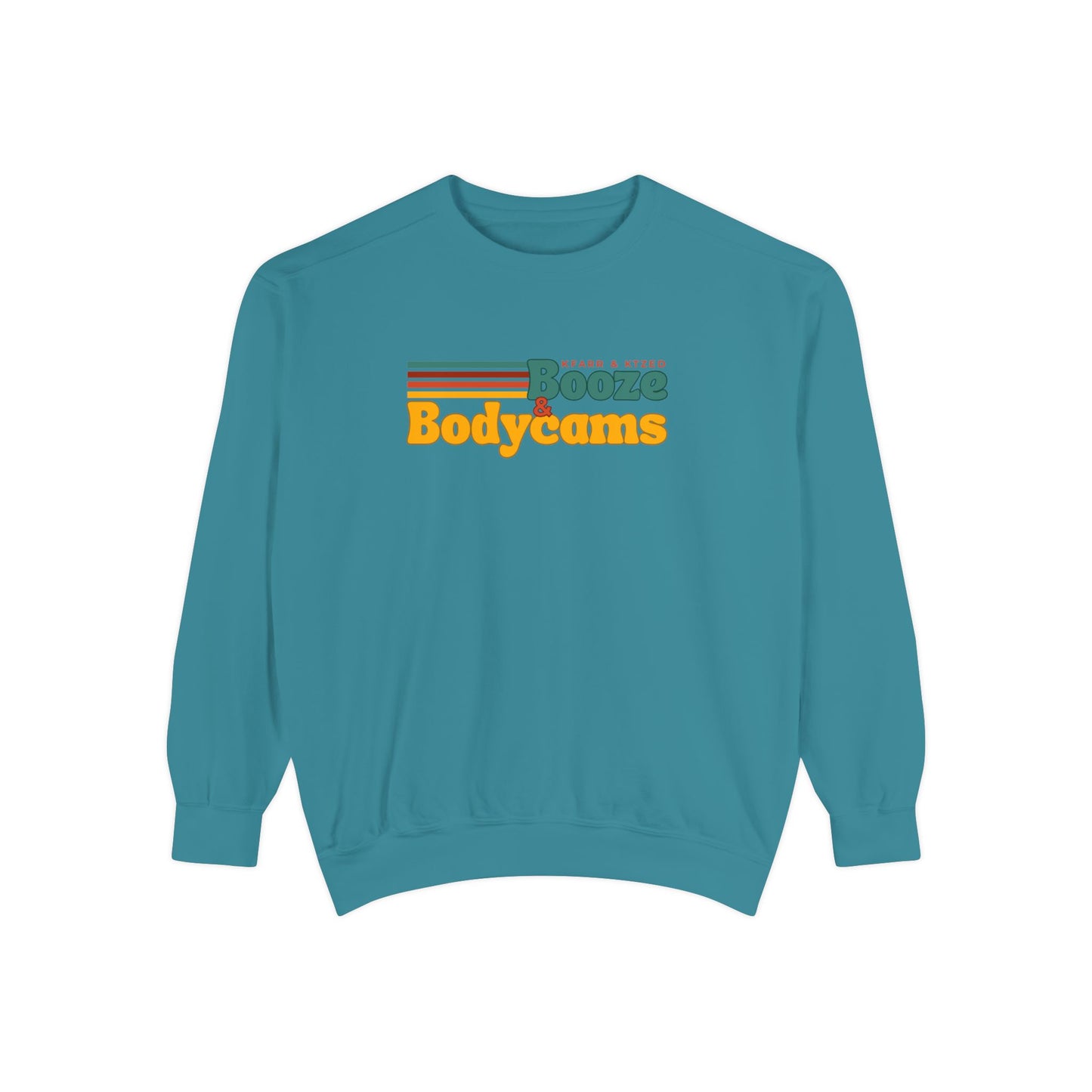 Retro 'Booze & Bodycams' Sweatshirt - Vintage Striped Graphic Crewneck