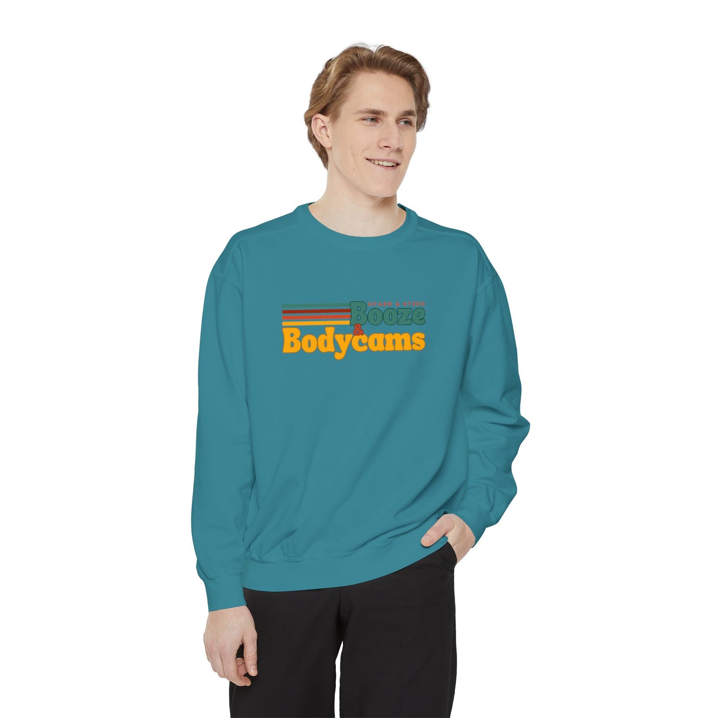 Retro 'Booze & Bodycams' Sweatshirt - Vintage Striped Graphic Crewneck