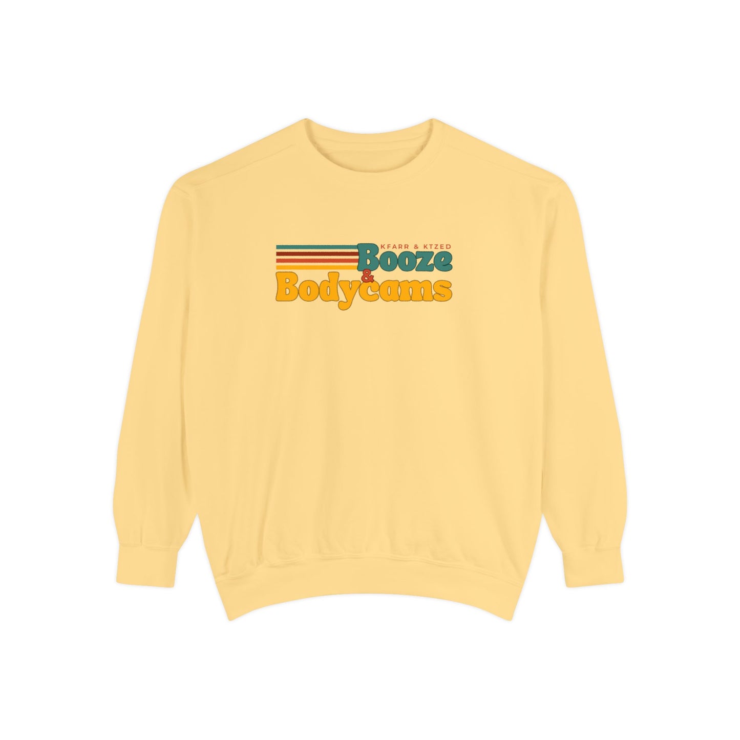 Retro 'Booze & Bodycams' Sweatshirt - Vintage Striped Graphic Crewneck