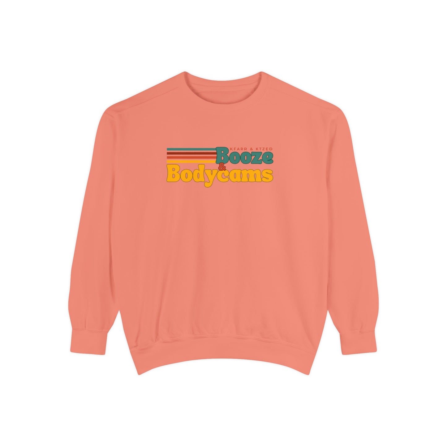 Retro 'Booze & Bodycams' Sweatshirt - Vintage Striped Graphic Crewneck