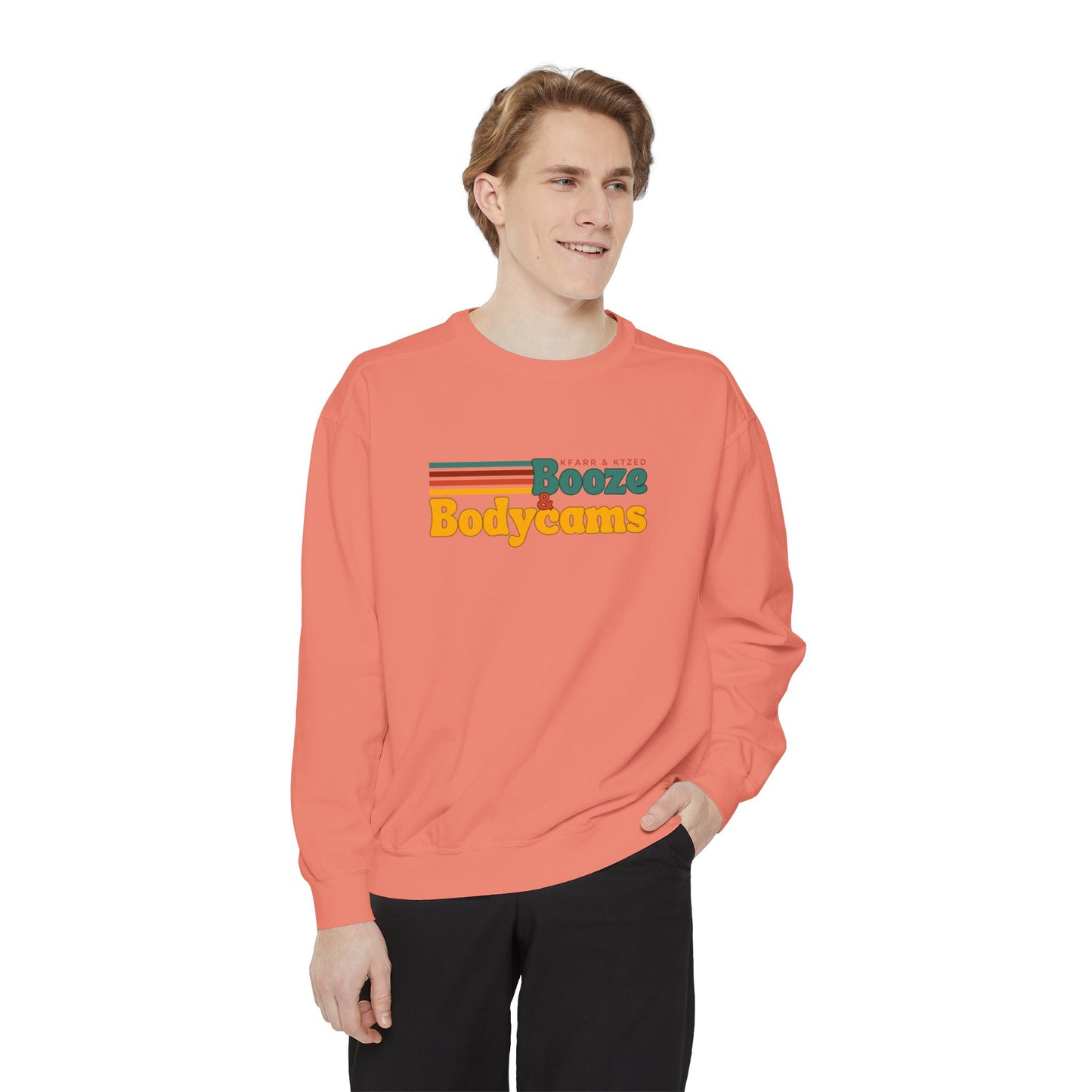 Retro 'Booze & Bodycams' Sweatshirt - Vintage Striped Graphic Crewneck